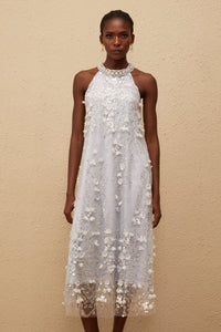 Quitterie Blue Embellished Floral Tulle Midi Dress