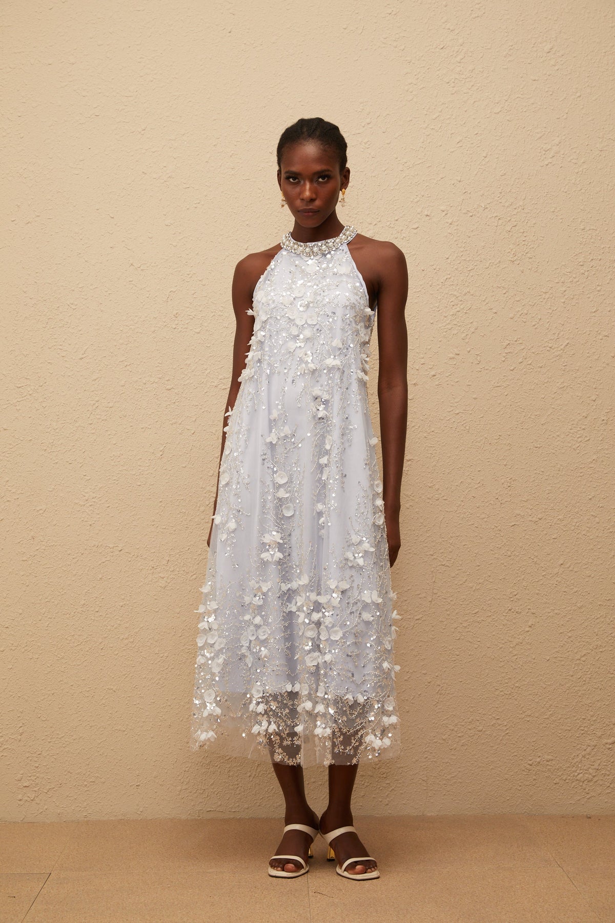 Quitterie Blue Embellished Floral Tulle Midi Dress