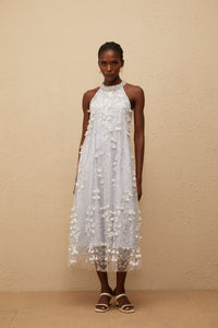 Quitterie Blue Embellished Floral Tulle Midi Dress