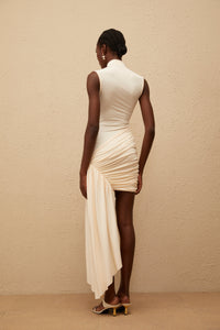 Géraldine Neutral Asymmetrical Ruched Mini Dress