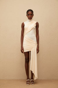 Géraldine Neutral Asymmetrical Ruched Mini Dress