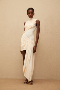 Géraldine Neutral Asymmetrical Ruched Mini Dress