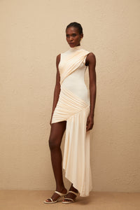 Géraldine Neutral Asymmetrical Ruched Mini Dress
