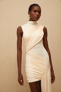 Géraldine Neutral Asymmetrical Ruched Mini Dress