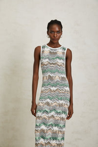 Manon Green Zigzag Woven Knit Maxi Dress