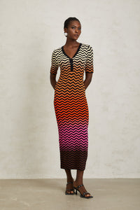 Charitina Brown Gradient Zigzag Knit Midi Dress