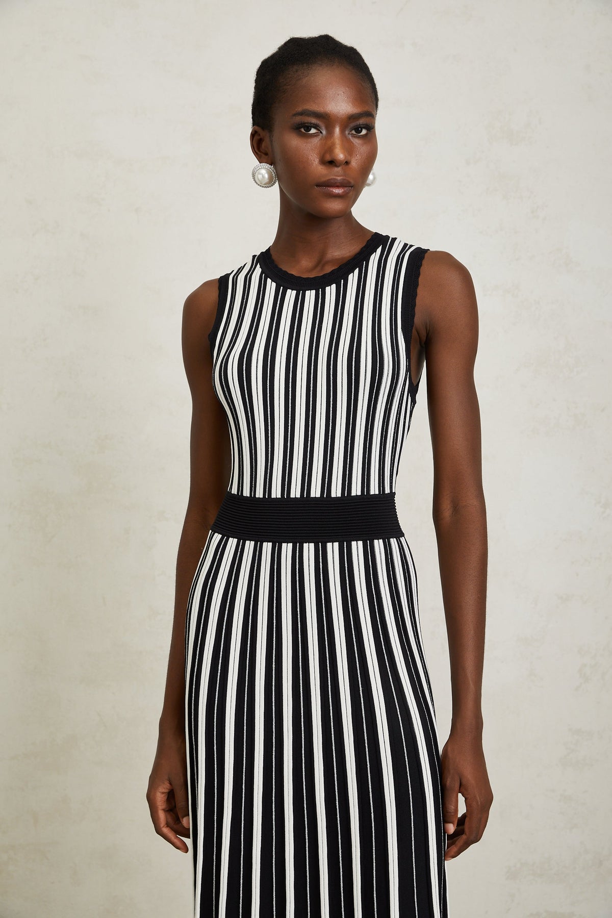 Capucine Black Vertical Striped Knit Midi Dress