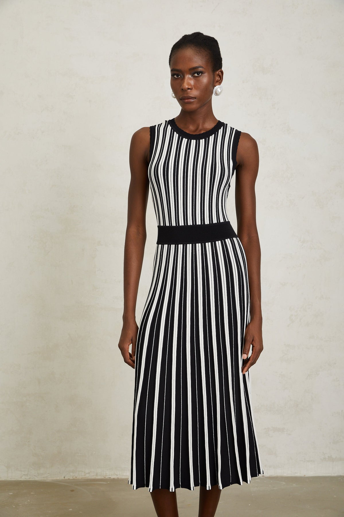 Capucine Black Vertical Striped Knit Midi Dress