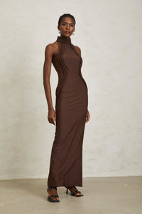 Gabriela Brown Halterneck Braid Detail Maxi Dress