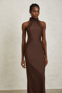 Gabriela Brown Halterneck Braid Detail Maxi Dress