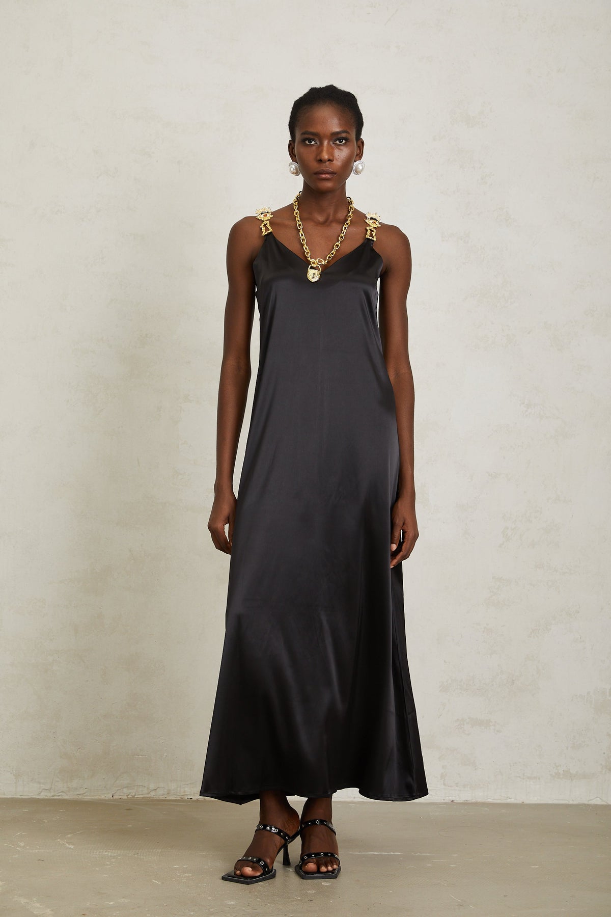 Ysandre Black Chain Detail Satin Midi Dress