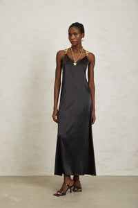 Ysandre Black Chain Detail Satin Midi Dress