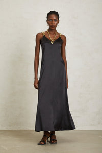 Ysandre Black Chain Detail Satin Midi Dress
