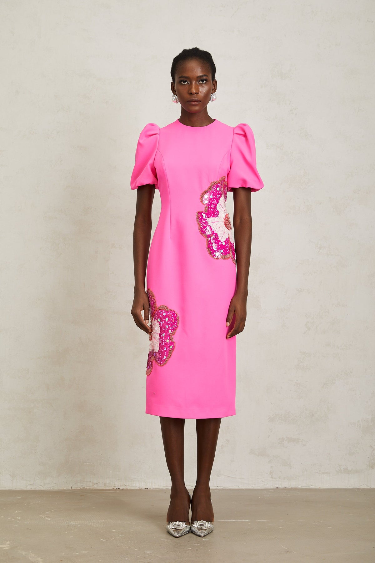 Ángela Pink Embellished Floral Midi Dress