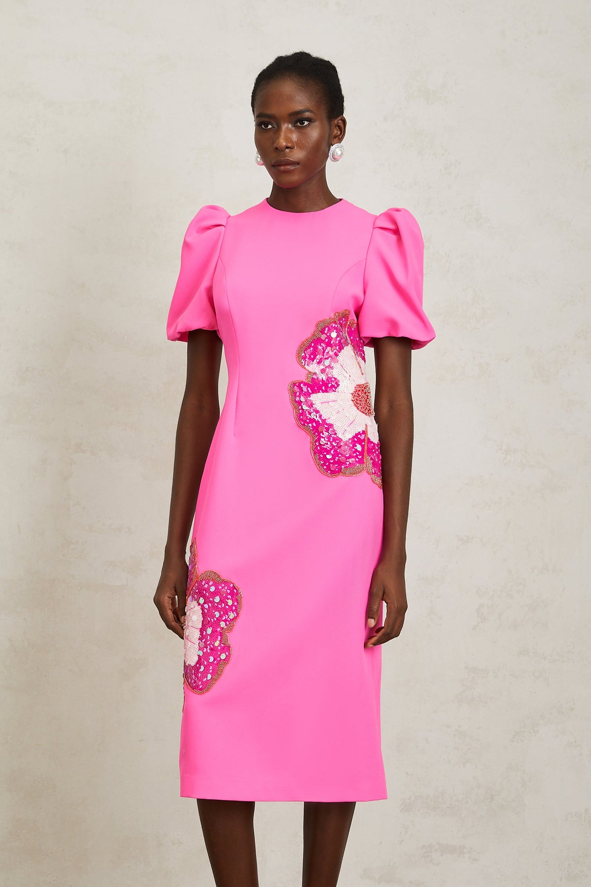 Ángela Pink Embellished Floral Midi Dress