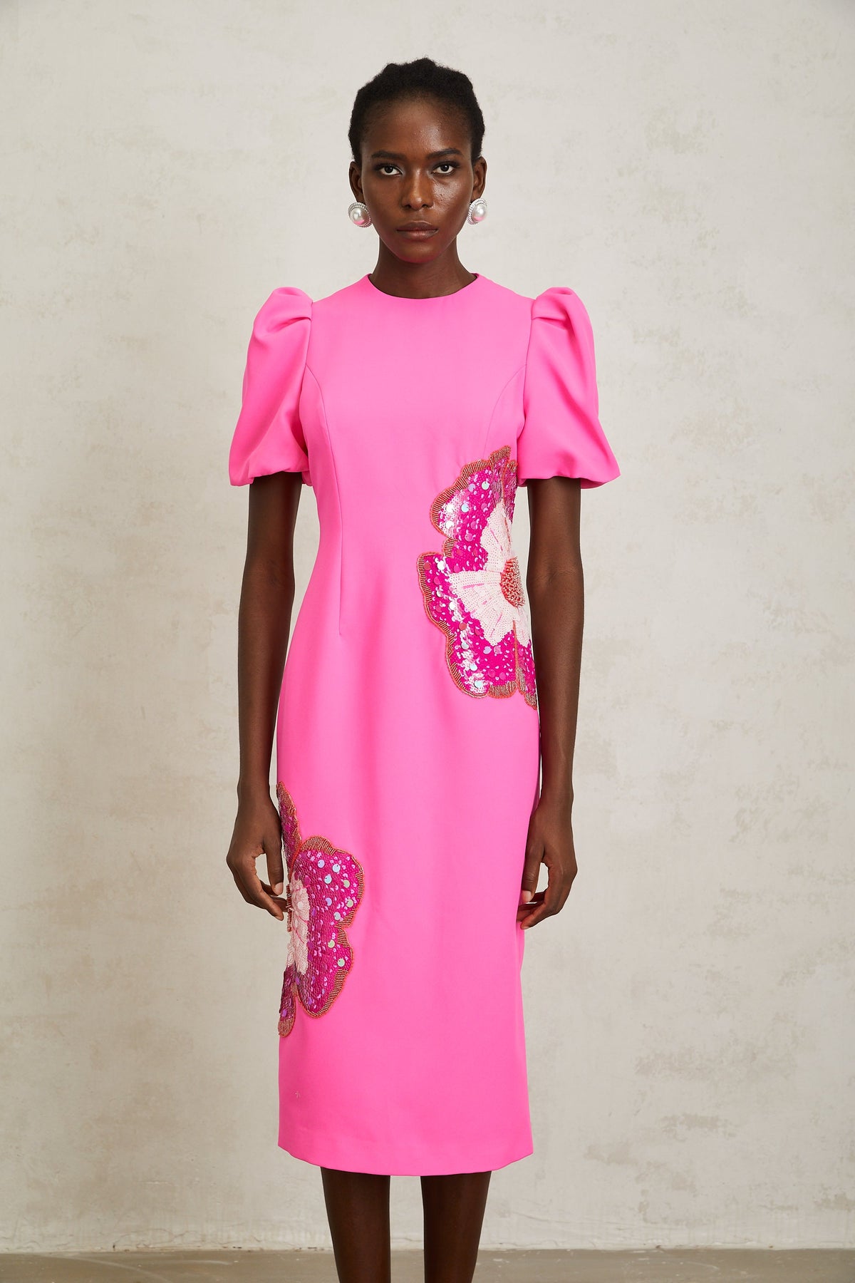 Ángela Pink Embellished Floral Midi Dress
