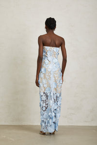 Brigitte Blue Floral Appliqué Corset Maxi Dress