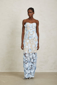 Brigitte Blue Floral Appliqué Corset Maxi Dress