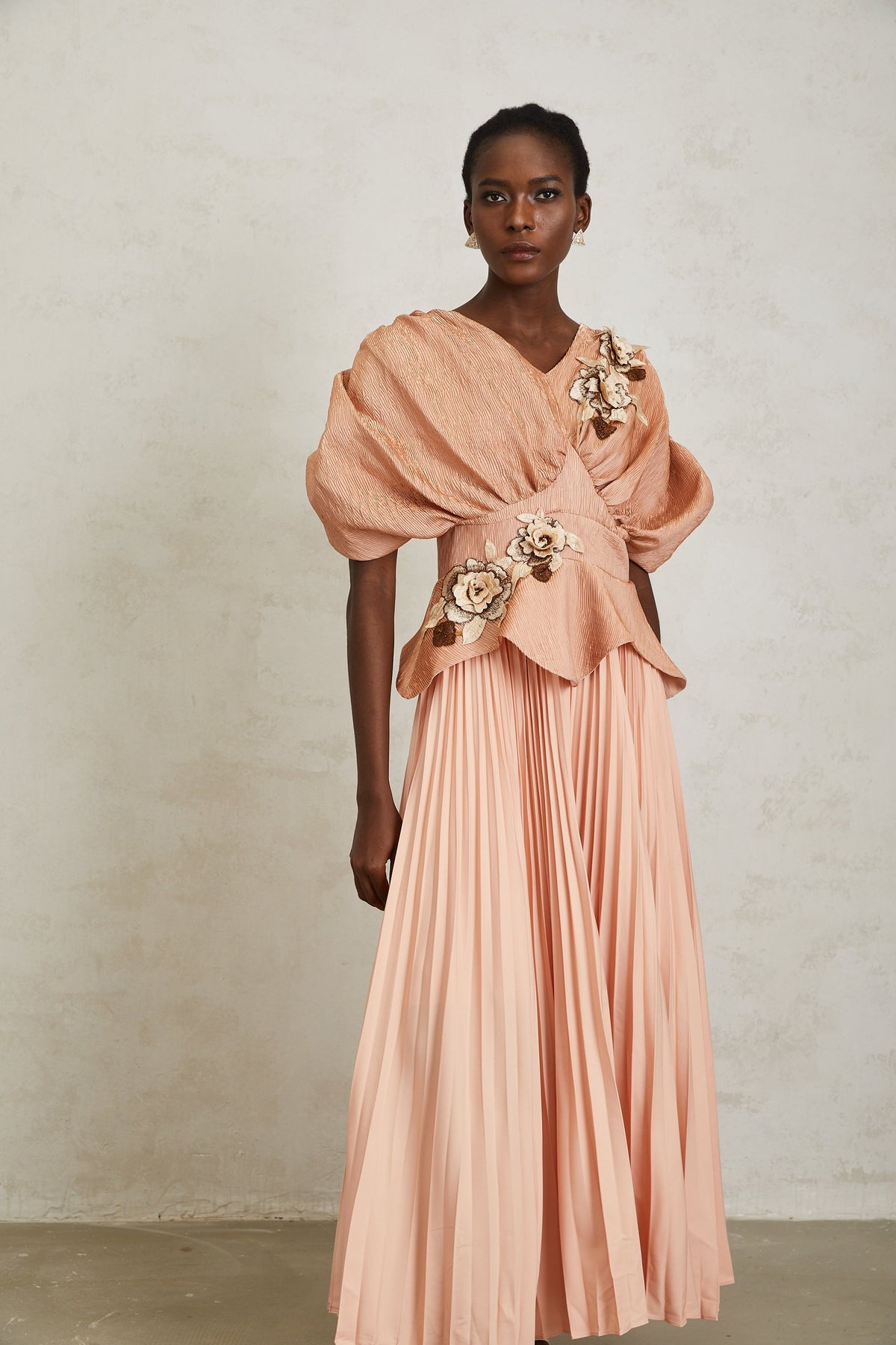 Camille Pink Floral Appliqué Pleated Maxi Dress