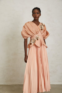 Camille Pink Floral Appliqué Pleated Maxi Dress
