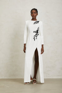 Vanessa White Beaded Floral Appliqué Maxi Dress