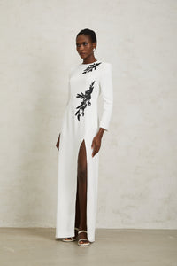 Vanessa White Beaded Floral Appliqué Maxi Dress