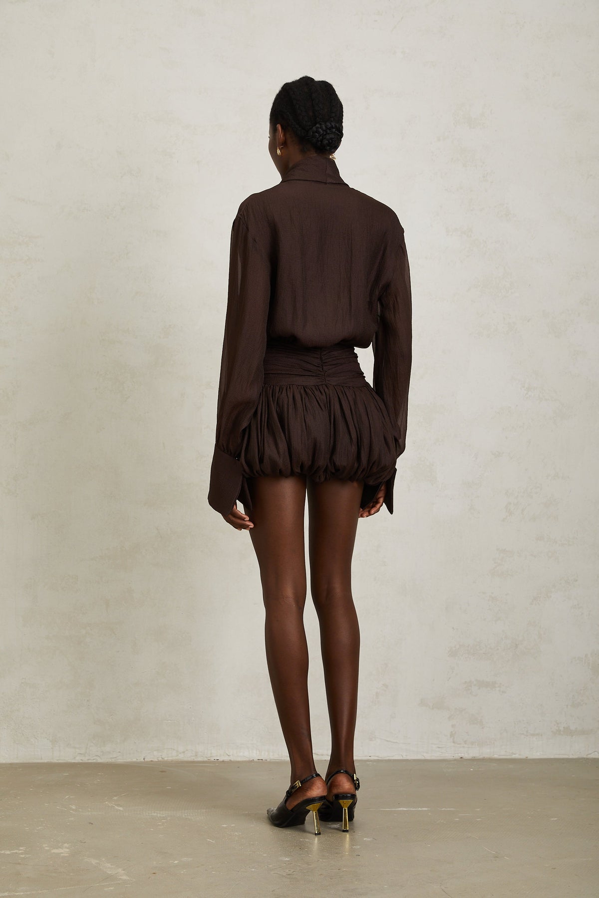 Isabella Brown Ribbon Tie Neck Mini Dress