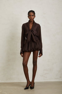Isabella Brown Ribbon Tie Neck Mini Dress