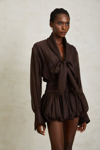 Isabella Brown Ribbon Tie Neck Mini Dress