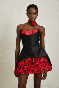 Joaquina Black Rose Appliqué Corset Mini Dress
