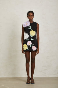 Véronique Black 3D Petal Sleeveless Mini Dress