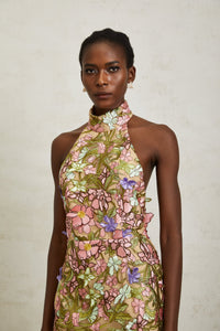 Consuelo Green Floral Embroidered Mesh Mini Dress