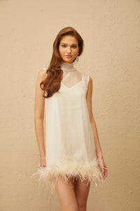Adrienne White Feather Trim Mini Dress