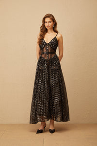 Aloïse Black Polka Dot Pleated Midi Dress
