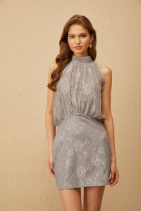 Nikolleta Grey Halterneck Floral Lace Mini Dress