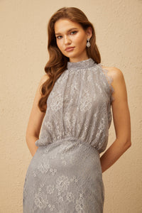 Nikolleta Grey Halterneck Floral Lace Mini Dress