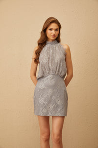 Nikolleta Grey Halterneck Floral Lace Mini Dress