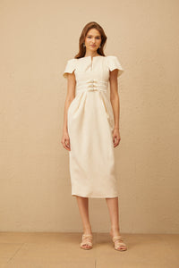 Antoinette Neutral Floral Jacquard Bowknot Midi Dress