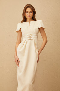 Antoinette Neutral Floral Jacquard Bowknot Midi Dress