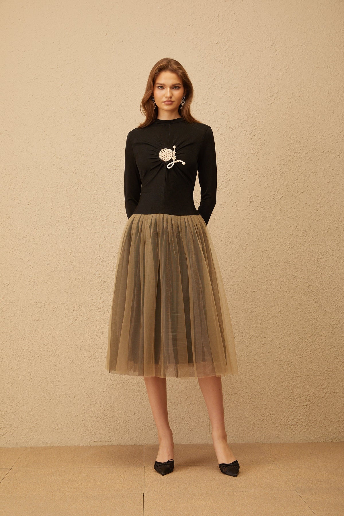 Cézanne Black Crochet Detail Tulle Panel Midi Dress