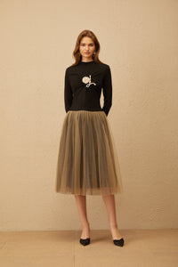 Cézanne Black Crochet Detail Tulle Panel Midi Dress