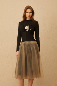 Cézanne Black Crochet Detail Tulle Panel Midi Dress