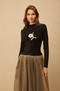 Cézanne Black Crochet Detail Tulle Panel Midi Dress