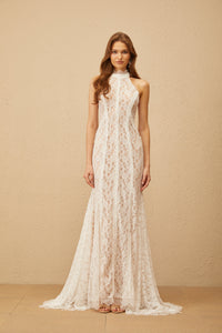 Gaëlle White Train Design Lace Maxi Dress