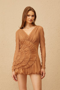 Claudia Brown Ruched Tulle Mini Dress