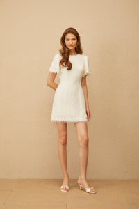 Zephyrine White Fringed Tweed Mini Dress