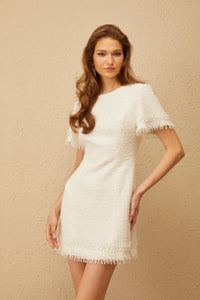 Zephyrine White Fringed Tweed Mini Dress