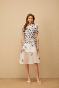 Yaelle White Floral Appliqué Tulle Midi Dress