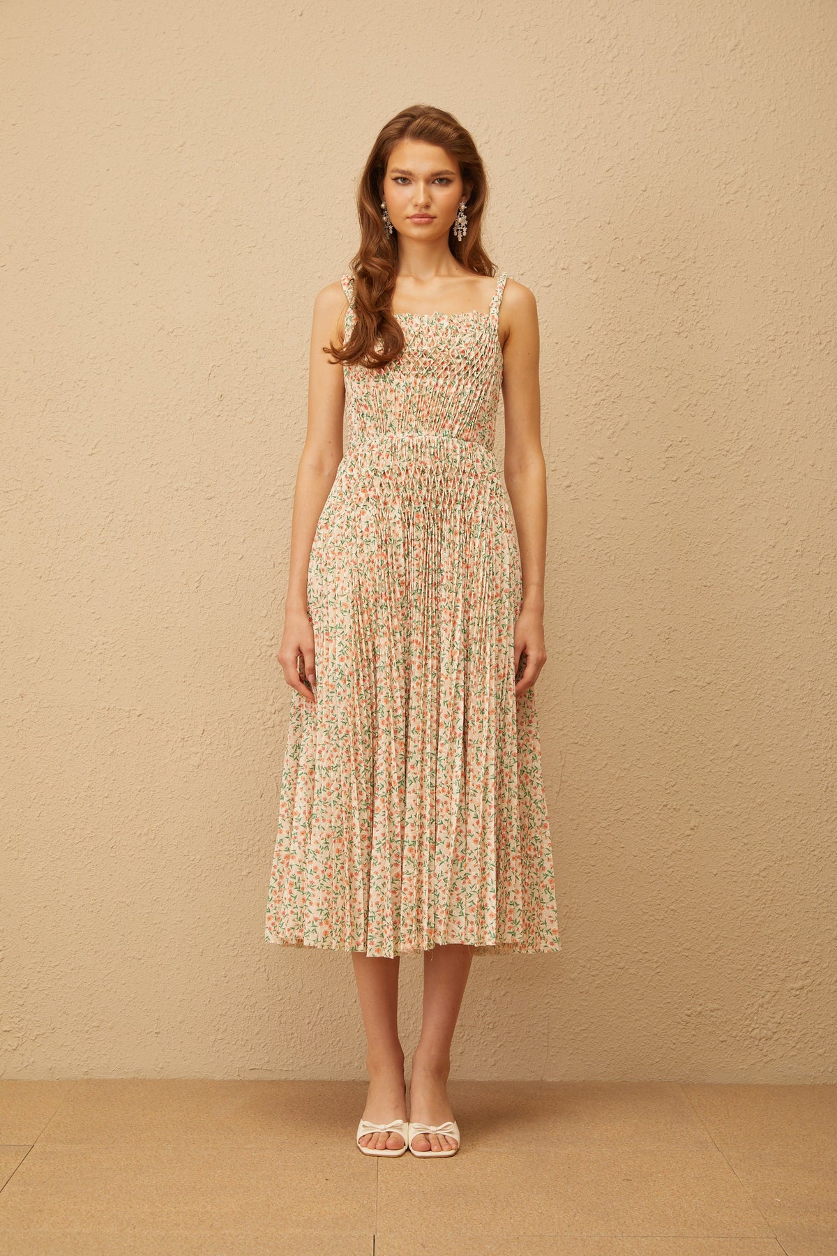Marion Neutral Floral Print Pleated Midi Dress