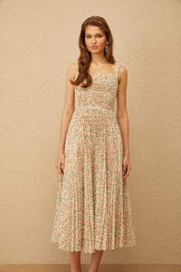 Marion Neutral Floral Print Pleated Midi Dress